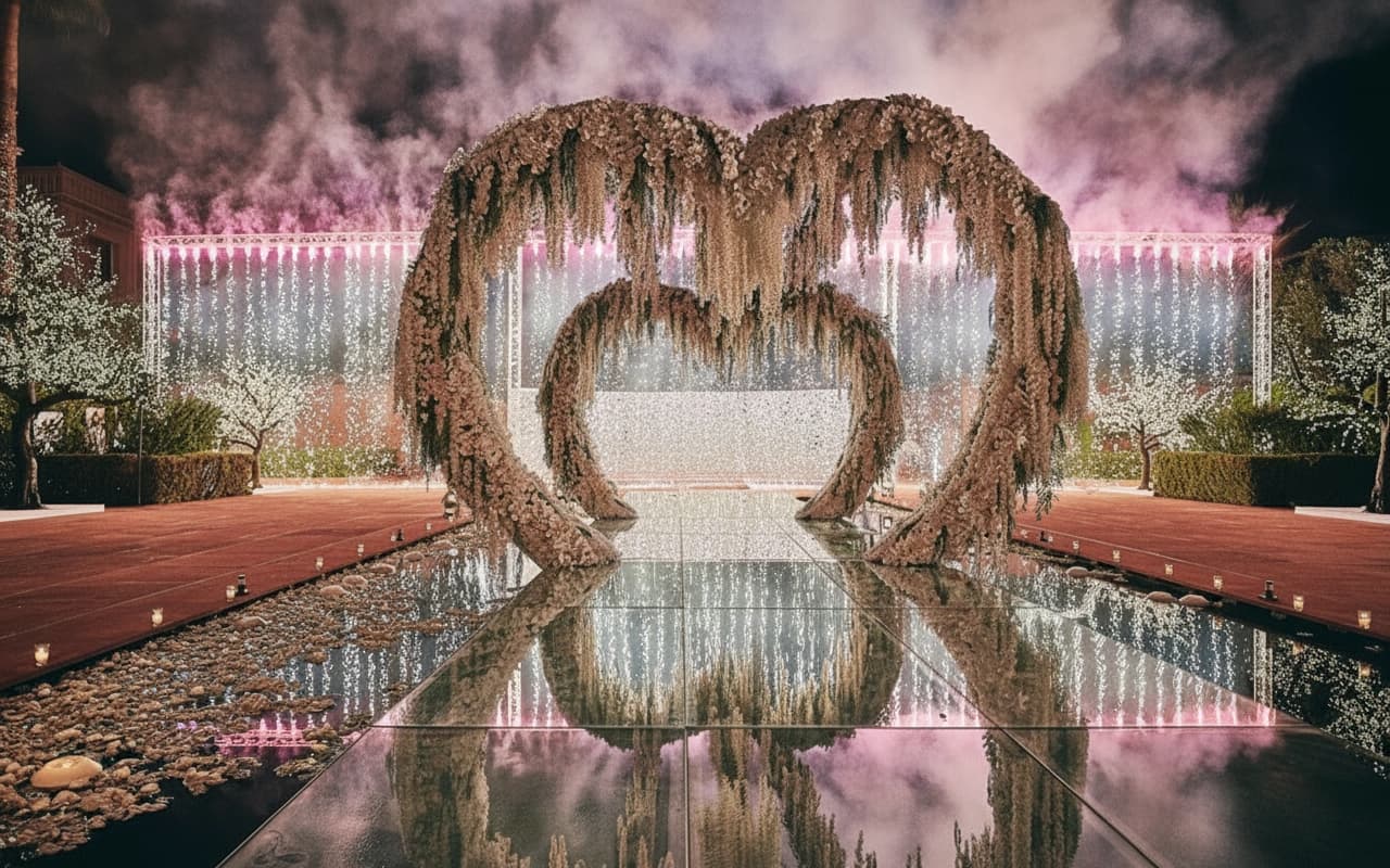 Spectacular heart-shaped floral arch with reflection pool by Cocoon Events